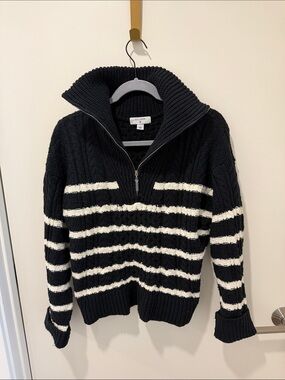 La Ligne Target Black & White Striped Half-Zip Turtleneck Sweater